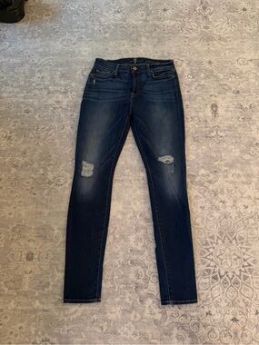 7 For All Mankind Dark Blue Skinny Jeans with Knee Distress